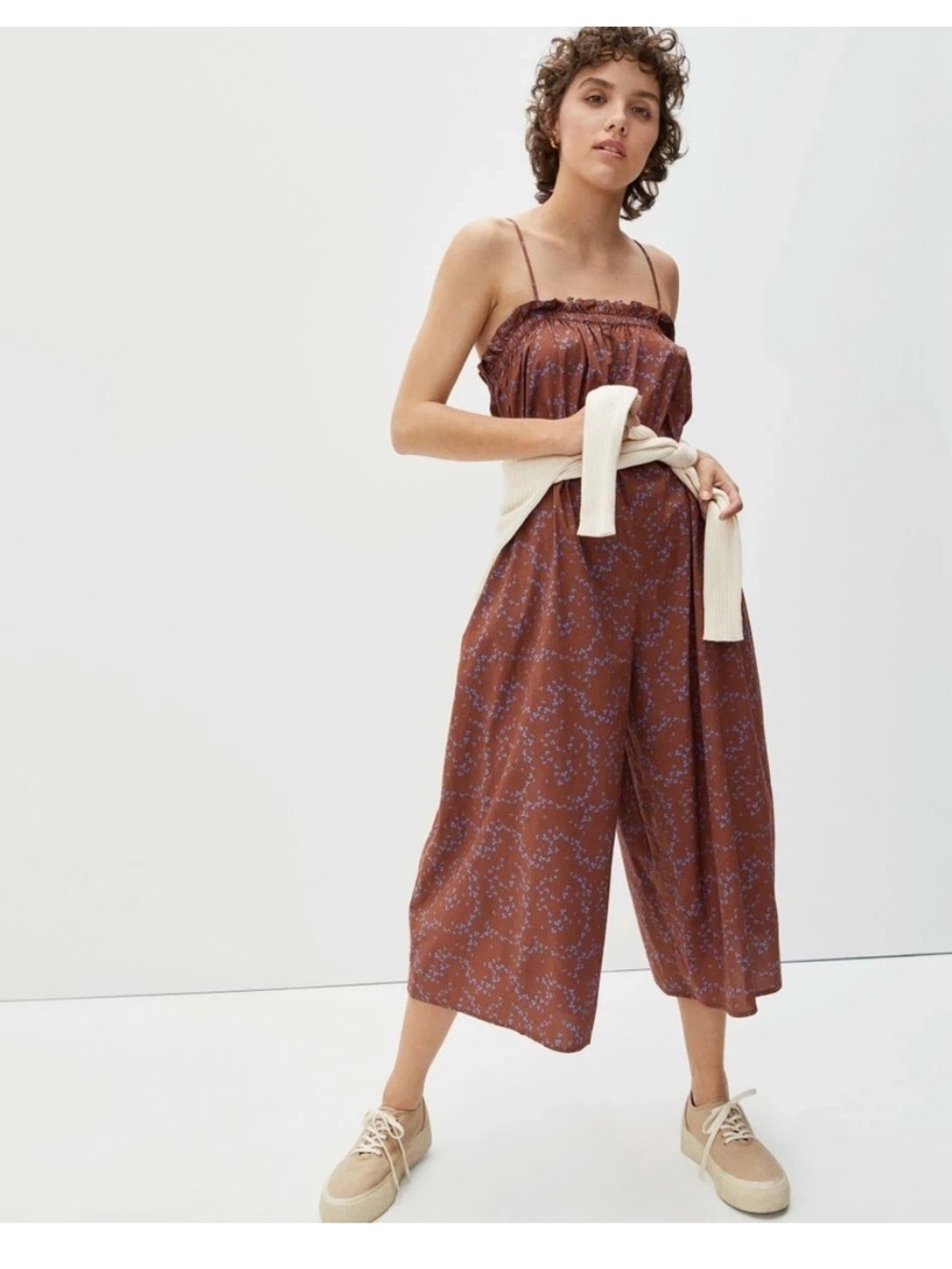 Everlane Rust Floral Romper with Spaghetti Straps